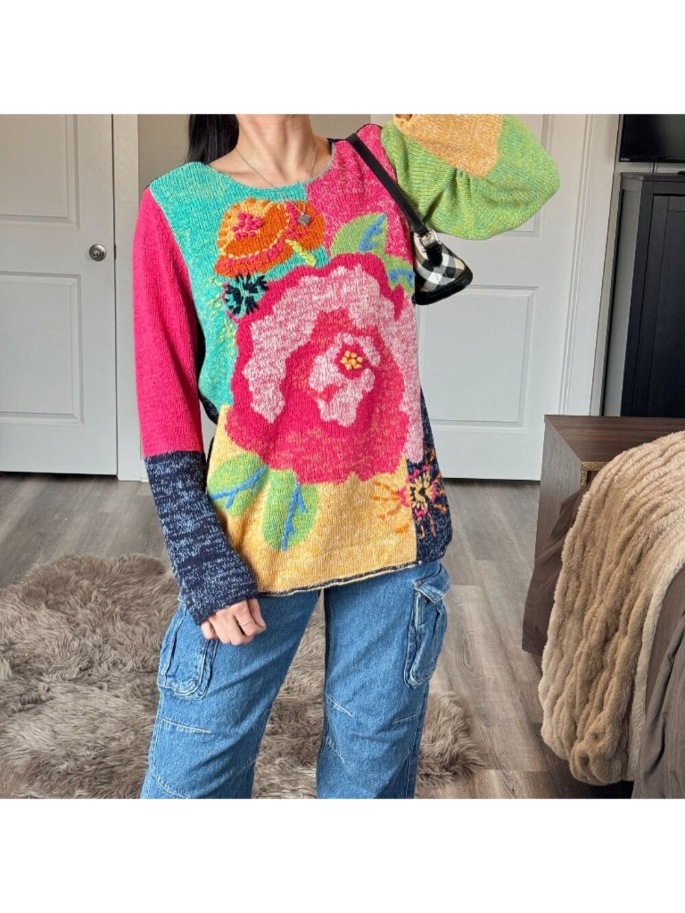 Vintage Y2K Colorblock Floral Knit Sweater Cottagecore Grandma Flower Boho Top